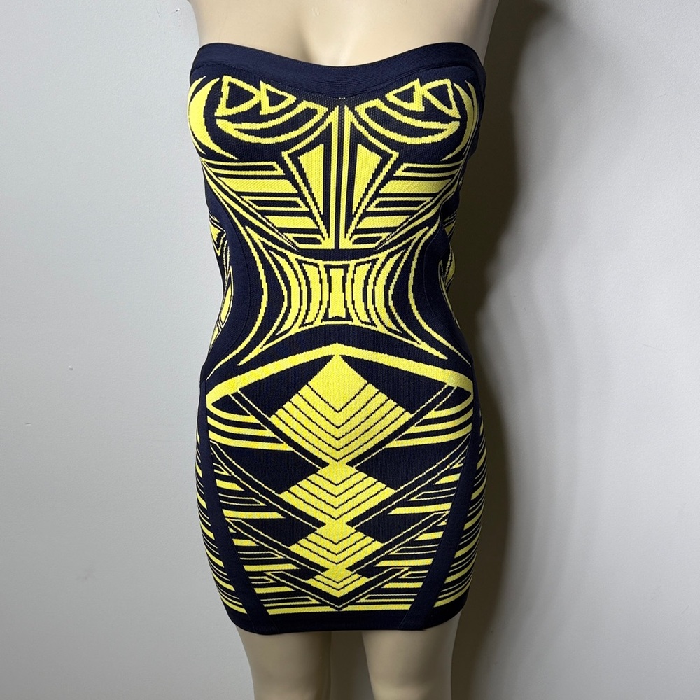 Strapless Navy & Yellow Geometric Bodycon Dress